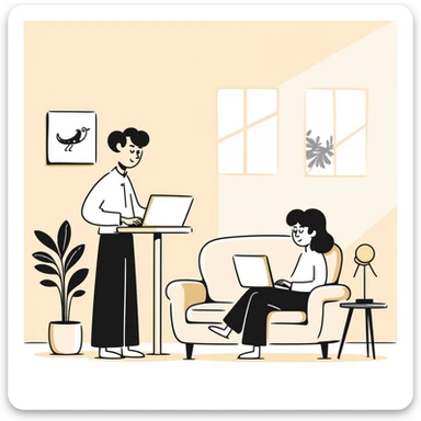 escenary 3d of a cozy mid-century living room with two people working on laptops, one man standing at a desk and one woman sitting on a couch, warm tones, two walls and floor visible sticker