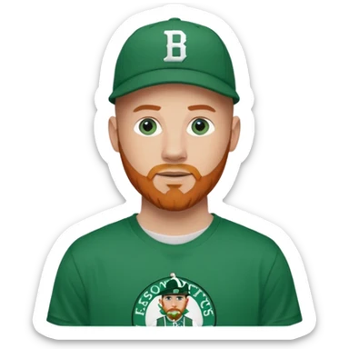 Bald white man with ginger beard and blue eyes in Jason Tatum Boston Celtics jersey over tshirt with Boston Celtics basketball logo on cap sticker