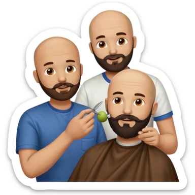 A bald man with a dark brown beard cutting someone’s hair at a barber shop and the other guy is eating a small poop ball in his hand sticker