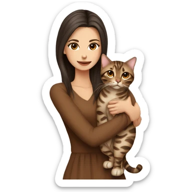 Beautiful skinny woman long dark brown hair in brown dress hug bengal cat sticker