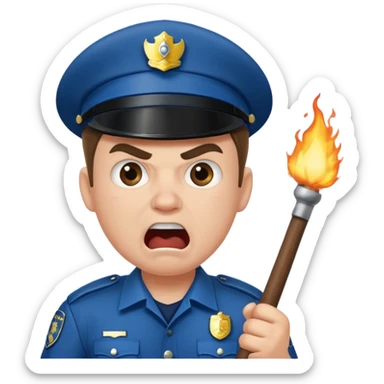 An angry British policeman with a baton in his hands shouts sticker