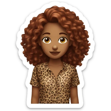 Girl with long burgundy, curly hair, wearing a cheetah print shirt sticker