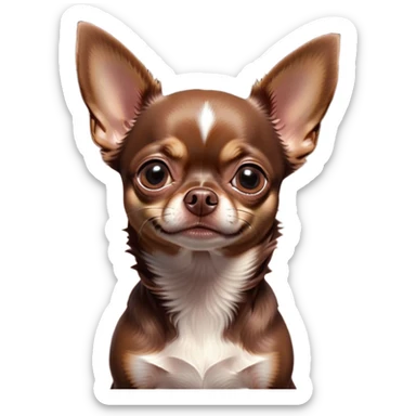 Cinematic Grumpy Chocolate Short Haired Chihuahua Portrait Emoji, Head tilted slightly with a deeply unimpressed expression, thick chocolate fur with a glossy sheen, large, droopy dark eyes narrowed into an unamused glare, ears slightly drooping in exasperation, Simplified yet comically expressive features, highly detailed, glowing with a dry, sarcastic glow, high shine, effortlessly judgmental yet dignified, stylized with a touch of cynicism, bright but brooding, soft glowing outline, capturing the essence of an eternally unimpressed yet endearing pup, so lifelike it feels like it could sigh heavily at you in disdain at any moment! sticker