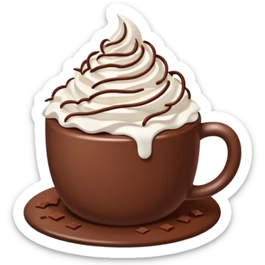 “hot chocolate emoji, whipped cream on top, chocolate shavings, cute, minimal, white background” sticker