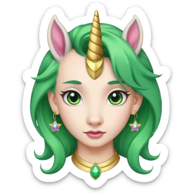 unicorn with green hair and big earrings looking into camera sticker