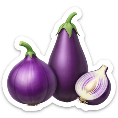 Eggplant beside onion and garlic sticker