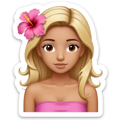 tan girl with blonde hair and brown highlight streaks with a hibiscus flower in her hair wearing a pink tube top with tan lines showing sticker
