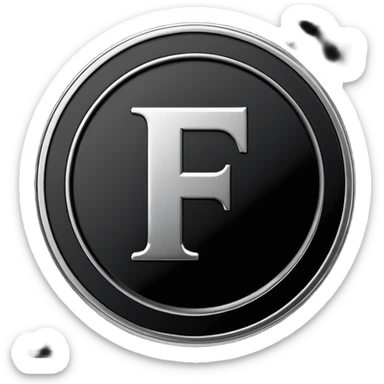 Emoji icon of a black coin with engraved letter F, minimalist style, isolated, only black color sticker