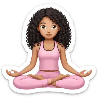 Mixed-race woman with bronzed caramel skin and long black curly hair, wearing pastel pink yoga set, sitting cross-legged in meditation, soft pastel background sticker