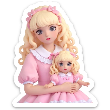 pale girl , who has curly medium length blonde and baby pink swirled hair with bangs , grey eyes , and doll like makeup , in a light pink lolita hime gyaru dress  sticker