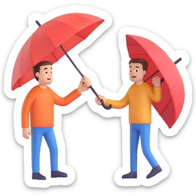 a man and another person about to shake a closed umbrella instead of hands, lighthearted sticker