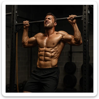 a man doing pull-ups on a bar, Crossfit gym, strong physique, intense workout sticker