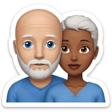 Talk bald white man with a white beard and blue eyes lovingly holding a black woman with brown eyes and grey hair sticker