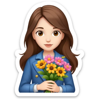 cool girl with long brown hair and fair skin holding a bouquet of flowers, trendy sticker