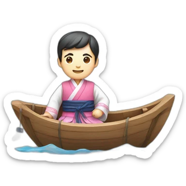 wooden raft with a man with traditional korean hanbok costume sticker