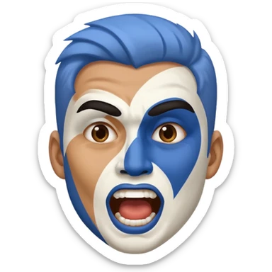 A man with half-blue, half-white face paint, shouting proudly. sticker