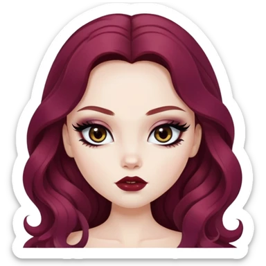 wavy winered long hair, pale skin,  dark iris, pretty bratz baddie, strong black eyeliner sticker