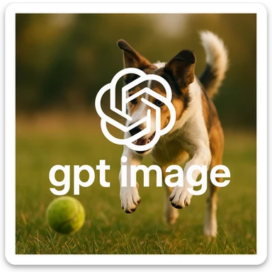  logo of chat gpt with text "gpt image" on the background of a dog chasing ball, realistic image sticker