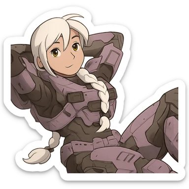 female, wearing reach spartan armor shoulder-unequip, long white braid hair with massive messy front side single bangs, gold yellow eyes, attention pose, HALO:series, no helmet, the armor is lavender color scheme, laying back and relaxing sticker