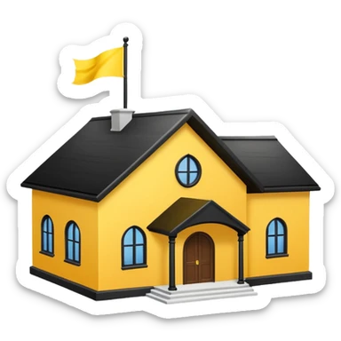 simple magic school, low detail, white background, magic school, black roof, with a big flag, big flag on a roof, big yellow flag, white school sticker