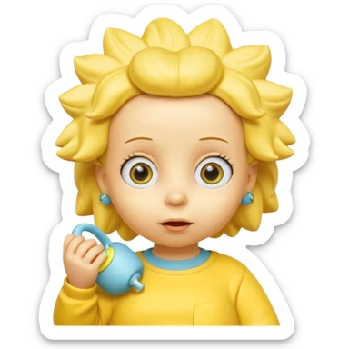 A 3D cartoon baby character yellow skin, styled like Maggie Simpson, with pacifier, yellow onesie, big eyes, smooth shading, Memoji-style rendering, consistent with other yellow Simpsons characters. sticker