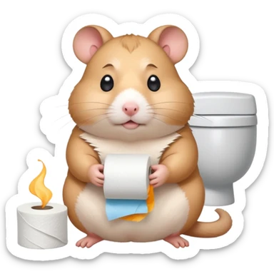 Cute chubby cartoon-style hamster sitting on toilet holding toilet paper looking as if he had an accident, sticker-style illustration sticker
