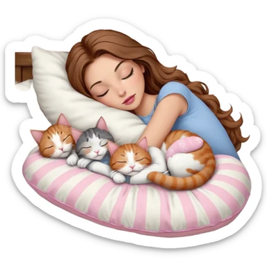 girl with long wavy brown hair, brown eyes, long lashes makeup, sexy pink lips, light to medium complexion,  sleeping on a cozy pillow, with 6 cats: 1 brown and white tabby cat, 1 ginger and white, 2 grey and white, 1 grey has white mittens and small white patch on its chest and 1 calico, sleeping sticker