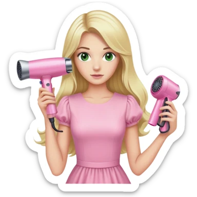 blonde woman with long hair and swamp green eyes, wearing a pink pastel dress, holding a pink Dyson hair dryer sticker