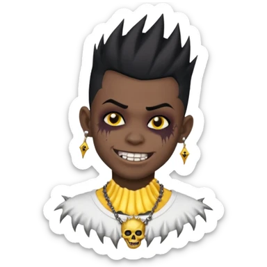 zombie boy with spiky emo black hair and white shirt , tattos, a risk on the eyebrow, earings,  a necklace emoji, with gold grills in his mouth and he’s smiling, change skin color to darkskin sticker