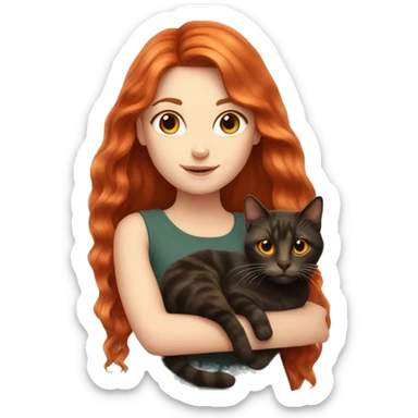 white girl with long red hair holding tortoiseshell cat sticker