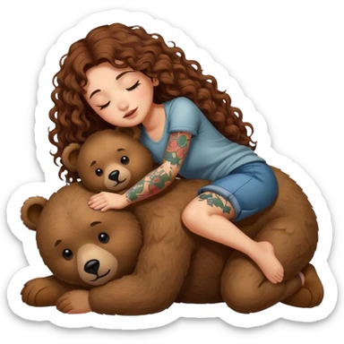 cute woman long curly brown hair tattoos riding sleepy bear sticker
