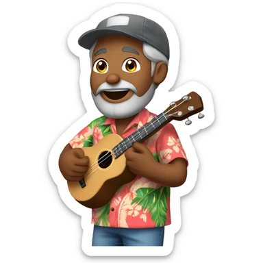 dark-skinned native hawaiian man h playing ukulele age 57 with hawaiian shirt shorts beard with cap and hair with a little gray hair, sticker