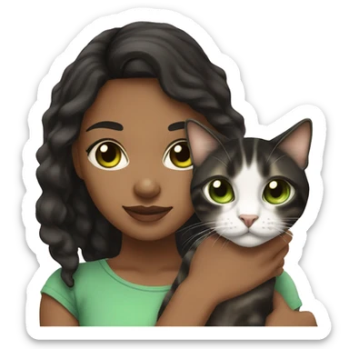 Young black woman brown eyes and black hair holding a white and brown tabby cat with green eyes sticker