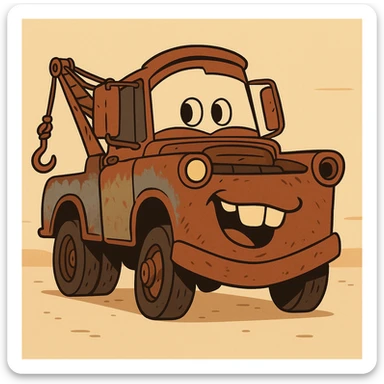 Mater from Cars, friendly rusty tow truck, cartoon style sticker