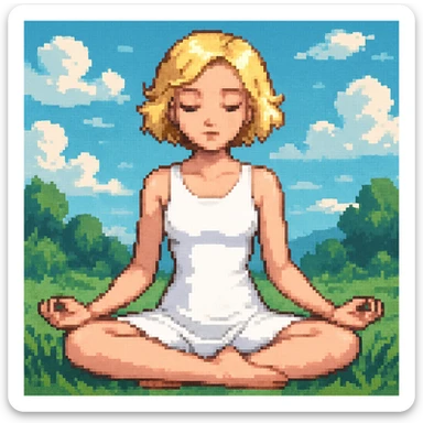 a blonde girl with a short haircut in a white dress sitting in a lotus position and meditating with a background, pixel art style sticker