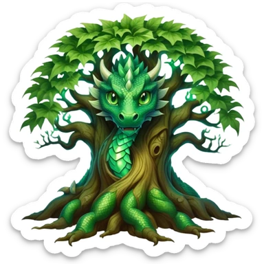 A majestic tree with a dragon's face carved into its trunk, glowing emerald green eyes, and intricate scales blending into the bark, surrounded by a mystical aura and soft glowing leaves. sticker