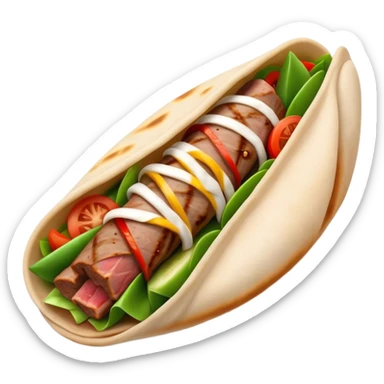 Cinematic Realistic Gyros Dish Emoji, showcasing succulent, spiced meat wrapped in pita with fresh vegetables rendered with lifelike detail and dynamic, appetizing lighting. sticker