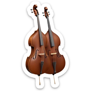 Create an elegant and detailed emoji representing a Gliga Gama double bass with bow. The design should showcase the large, sleek body of the double bass with its rich wood finish, including the characteristic curves and deep tone holes. The bow should be elegantly positioned next to the instrument, highlighting the hair and smooth wooden stick. Use warm wood tones like chestnut brown for the body of the bass, silver accents for the fittings, and dark brown for the bow. Add subtle musical notes or sound waves flowing from the bass to represent its deep, resonant sound. The background should be transparent. sticker