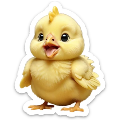Cinematic Cute Yawning Yellow Baby Chicken Portrait Emoji, Head tilted slightly with a dramatic, wide-open yawn, showcasing a soft, downy yellow coat with little drooping wings, round beady eyes barely open in drowsy contentment, Simplified yet irresistibly adorable features, highly detailed, glowing with a soft, cozy glow, high shine, relaxed yet expressive, stylized with a touch of whimsical charm, bright and endearing, soft glowing outline, capturing the essence of a sleepy yet affectionate chick, so drowsy it feels like it could stretch out of the screen and curl up for a nap! sticker