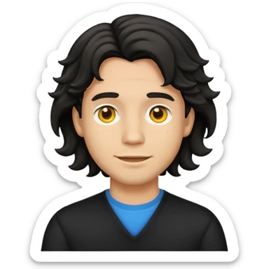 back view of a male with layered middle-long wavy black hair, emoji style sticker