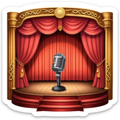 Icon for 50s American Musical Theater: a retro stage with neon lights, a classic microphone, musical notes, vintage theater curtains, and Broadway-style elements. Avoid focusing solely on the piano. Transparent background. sticker
