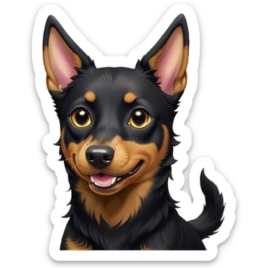 Cinematic Comical Black and Tan Kelpie Portrait Emoji, Head tilted dramatically with an exaggeratedly amused expression, featuring a striking black Fur with bold tan patches, wide, expressive dark eyes filled with playful disbelief, Simplified yet hilariously expressive features, highly detailed, glowing with a slightly sassy glow, high shine, dramatic yet playful, stylized with an air of cheeky mischief, bright and endearing, soft glowing outline, capturing the essence of a spirited and over-the-top herder, so meme-worthy it feels like it could side-eye its way into internet fame instantly! sticker
