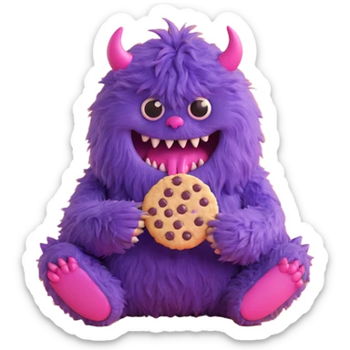 round extra cute purple fluffy monster eating a cookie sticker