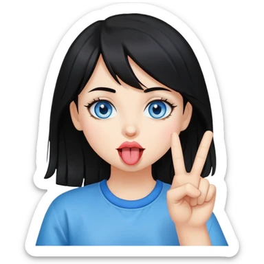 Girl with black hair and blue eyes holding the peace sign under her tounge sticker