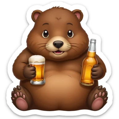 A chubby beaver hugging a beer bottle with both paws sticker