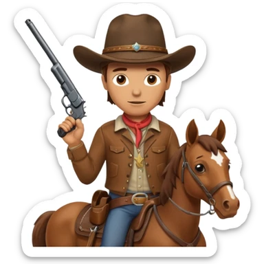 A cowboy that is holding a gun and and having a horse inside sticker