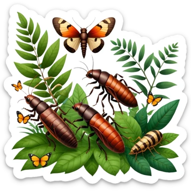 Close-up of giant Madagascar hissing cockroaches, butterflies, and stick insects in their natural habitat. The insects are shown in detail, highlighting their unique textures and colors, surrounded by plants and leaves. Soft lighting to enhance their features. Transparent background. sticker