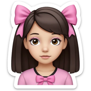 a 13 year old girl with black and brown hair with blond highlights. pink bows and pink outfit with long eyelashes and black eyes sticker