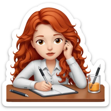 Pretty white model, brown eyes, soft long red wavy hair, falling asleep at desk sticker