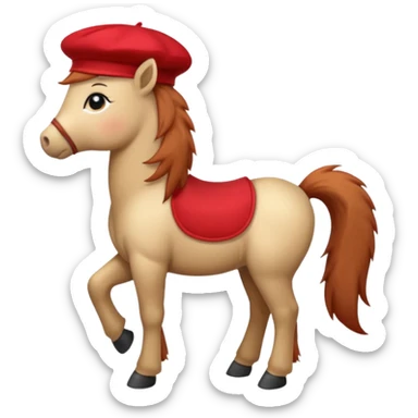 A cute pony (horse) emoji, full body, standing in side view, wearing a stylish red beret. sticker